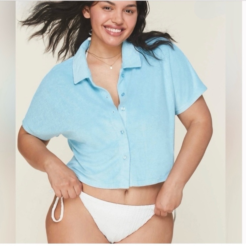 Andie Swim Coverup Size Large Blue Terrycloth Cropped Button Up Shirt NWT